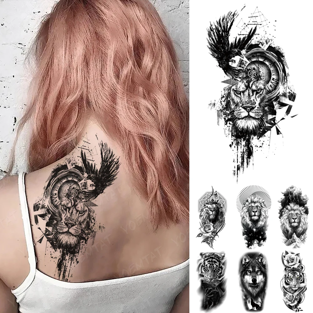 

Waterproof Temporary Tattoo Sticker Lion Tiger Wolf Crow Clock Geometric Wings Flash Tatto Arm Body Art Fake Tattoos Women Men