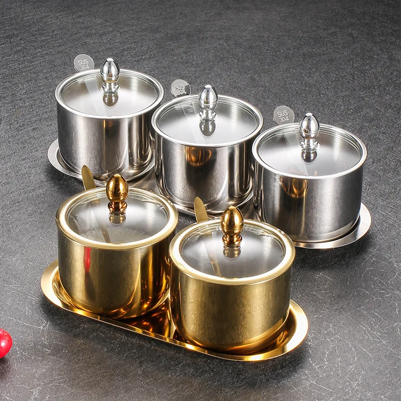 

304 Stainless Steel Seasoning Pot Spice Canister Set with Transparent Glass Lid Salt Jars Organization Kitchen Container Set
