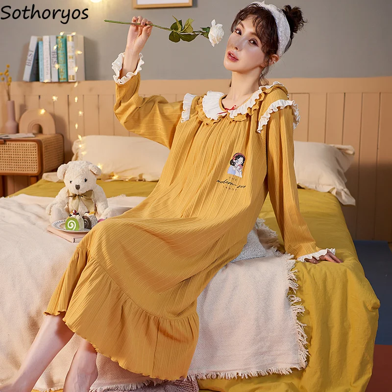 

Осенняя Женская милая Базовая стильная Свободная рубашка для сна с оборками, длинным рукавом, Новинка