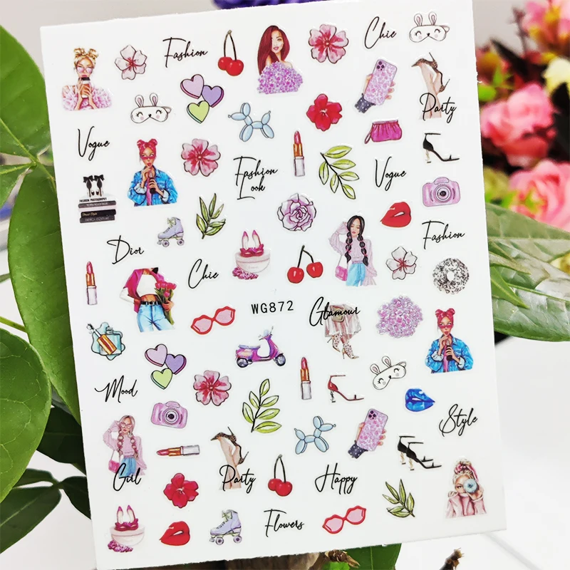 

3D наклейки для ногтей, модные цветы для девочек, помада, дизайн губ, украшение для ногтевого дизайна, маникюрные наклейки, наклейки, аксессуа...