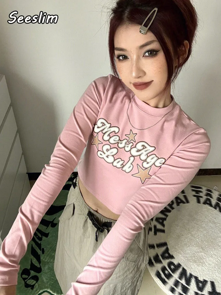 

Seeslim Pink Hotsweet T Shirt Women Clothes Long Sleeve Print Graphic Tees Crop Top T-shirt Harajuku Grunge Aesthetic Y2k Tops