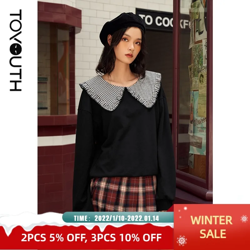

Toyouth Women Pullovers Sweatshirt 2021 Autumn Long Sleeve Plaid Top Collar Hoodies Contrast Color Elegant College Style Tops