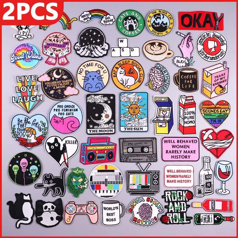 

2PCS Cartoon Animal Cat Patch Sun Moon Embroidered Patches For Clothing Iron On Patches On Clothes Rainbow Letter Rock Badges