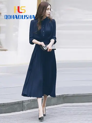 Women's Dress 2023 Summer New Slim Fit Waist Show Slim Korean Style Celebrity Style Women's Clothing Pleated Long Sleeved Dress
