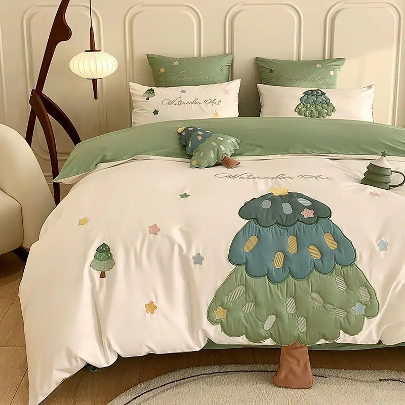 

3d Cute Four-Piece Green Cotton Quilt Cover Bed Sheet Fresh Tree Affixed Cloth Embroidered Bedding Bed Set King Size Bedding Set