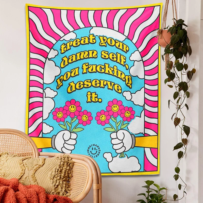 

Retro rainbow Tapestry Wall Hanging sun flower Art Hippie Groovy Vintage Colorful Boho Decor Beach Mat Sun Moon Wall Art Decor