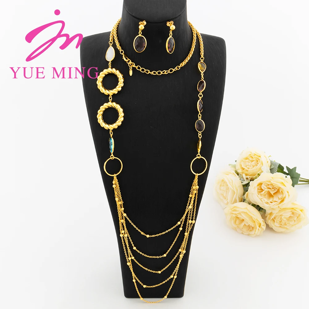 

YM Long Chain Fashion Gold Color Round Geometry Pendants Vintage Jewelry Set 120mm Necklace Colored Zircon Earrings For Women