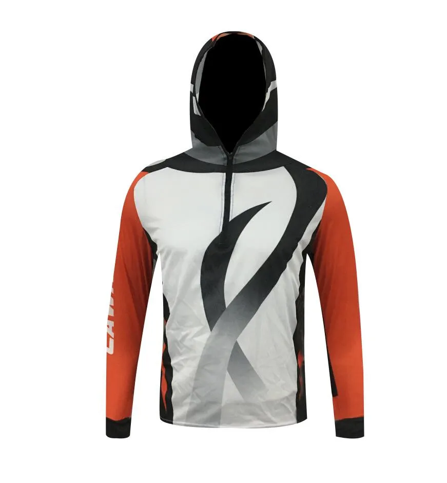 2024 Outdoor Sublimation Printing Long Sleeve Fishing Anti-UV UPF 50+ Clothes Breathable Hiking Sports Jersey Hooded Men's