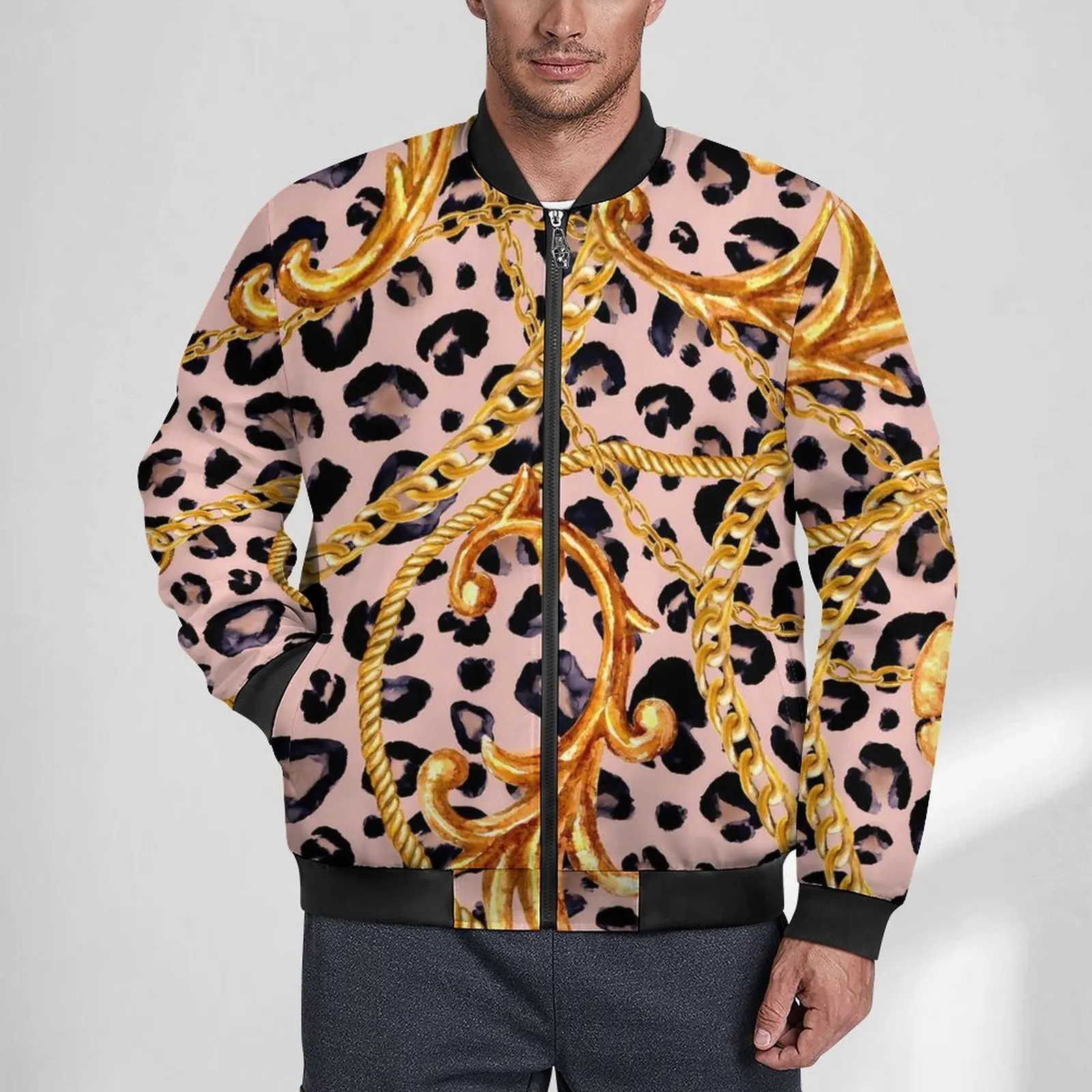 

Golden Chain Jackets Winter Leopard Print Aesthetic Casual Coats Mens Zipper Outdoor Windbreakers Graphic Oversized Jacket