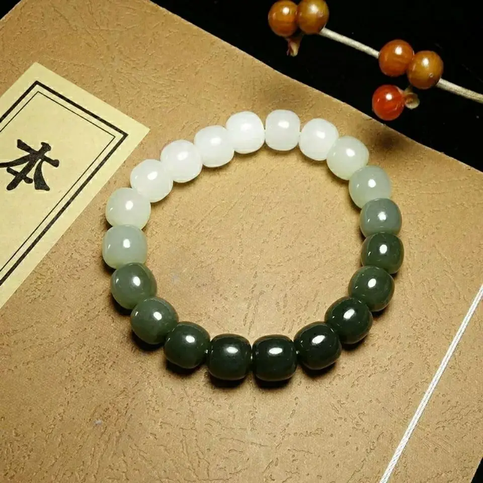 

Natural Xinjiang Hotan Jade Gradient Old Bead Single Circle Hand String Women's Simple and Versatile Bracelet