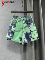 woman ins loose fashion tie dyed green workwear denim shorts summer 2022 new korean casual distressed washed fifth jeans female
