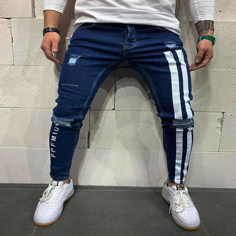 Casual Streetwear Black Slim Fit Jeans Men Autumn Masculina Letter Denim Pants Men Trendy Dance Club Skinny Jean Stripe toursers