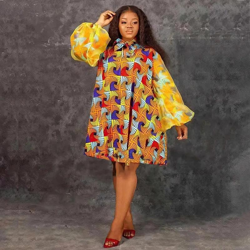 Women African Print Clothing Fashion Organza Puff Sleeves Dashiki Robe 2023 New Lantern Sleeve Beach Cardigan Femme Muslim Abaya