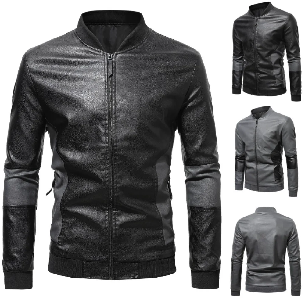 

Cafe Racer Leather Jacket Stand-up Collar Locomotive Stitching