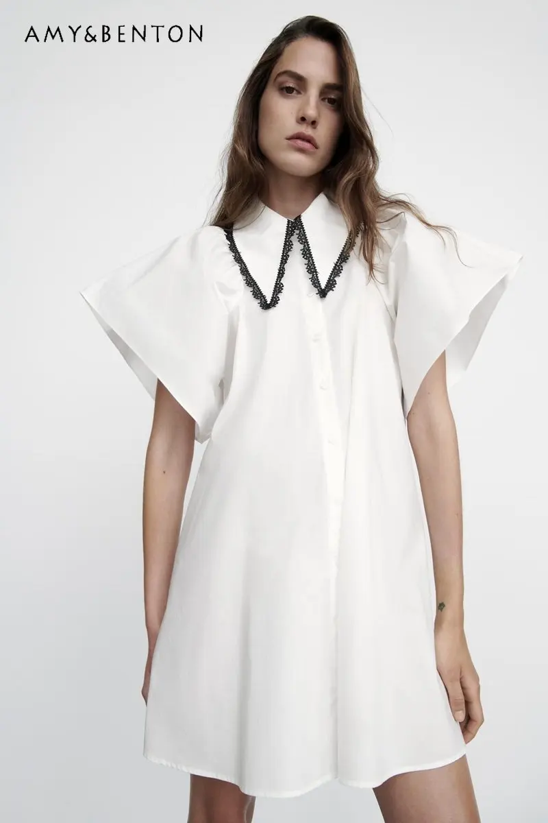 

European and American Women's Closing Summer New Single-Breasted Dress Elegant Short Sleeve Doll Collar Mini Dress for Women