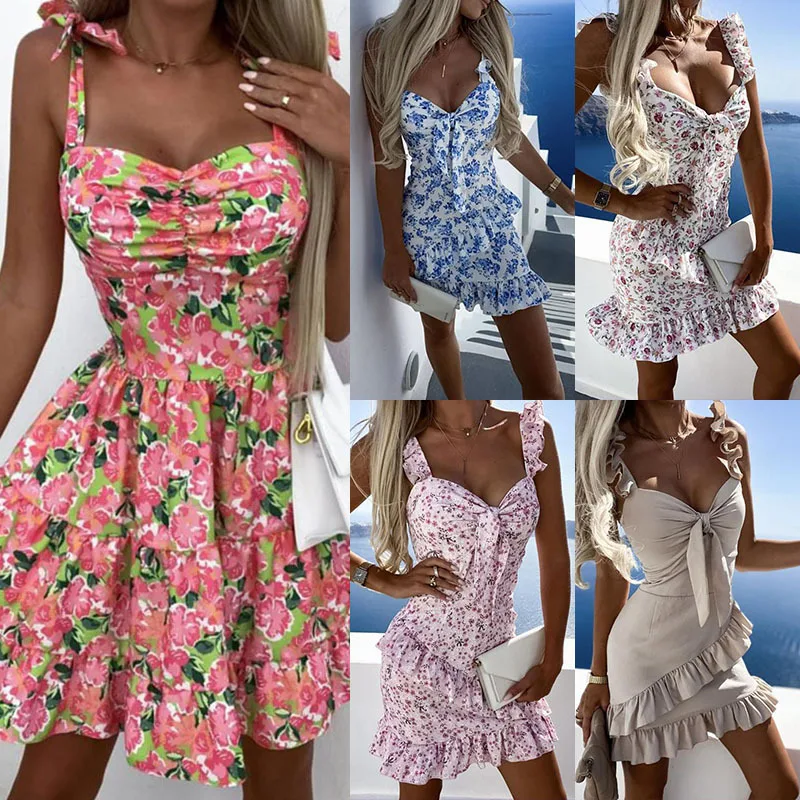 

Tiktok Women's Clothing 2022 Summer Casual Printed A-line Skirt Sexy Princess Dress Fairy Beach Resort Mini Skirt Free Shipping