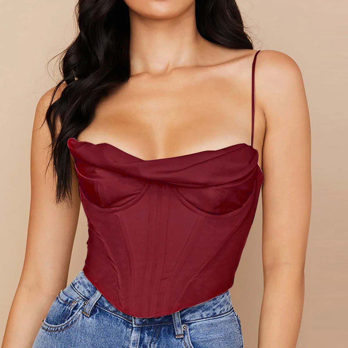 

Satin Corset Top Spaghetti Strap Lining Cowl Neck Boning Padded 2Layer Backless Zipper Bustier Sexy Crop Tops Women 2022