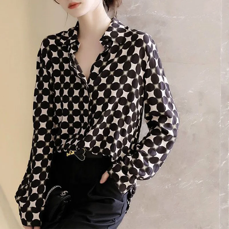 

Женская шифоновая блузка на пуговицах, блузка с отложным воротником и длинным рукавом, с принтом, весна-осень 2023