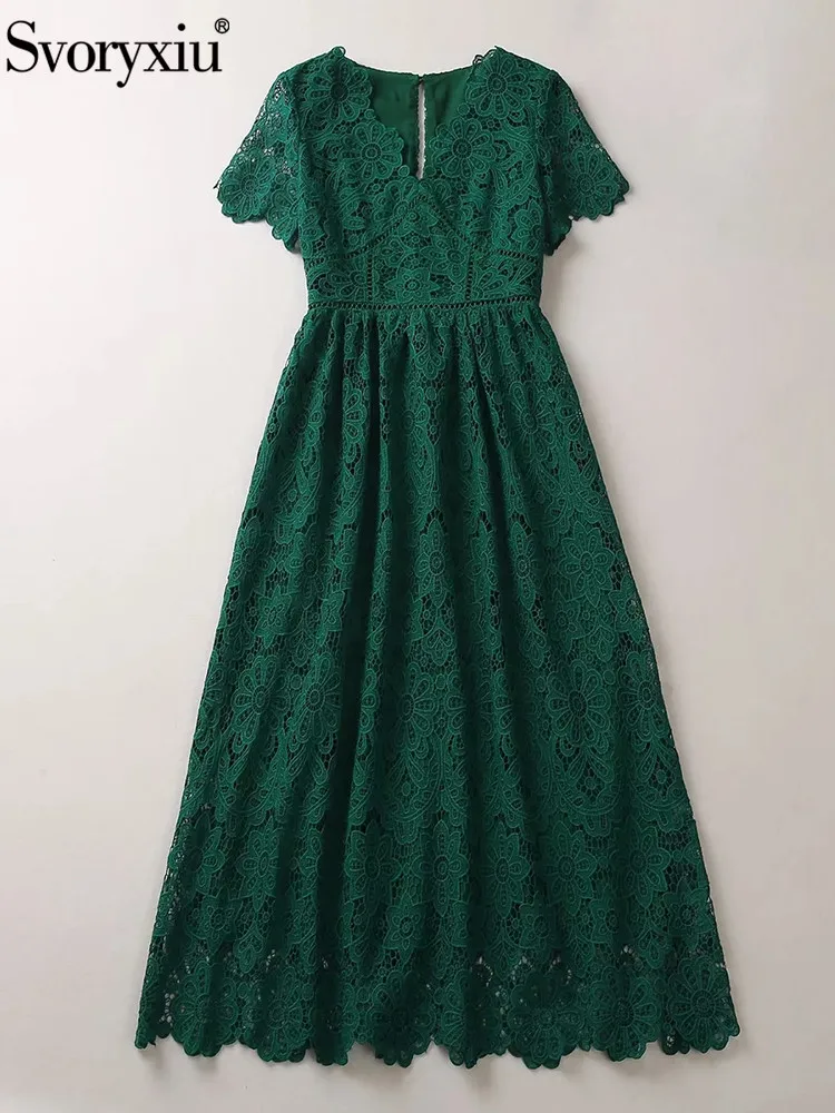 

Svoryxiu High Quality Fashion Designer Summer Vintage Green Color Midi Dress Women Short Sleeve Hollow Out High Waist Slim Dress