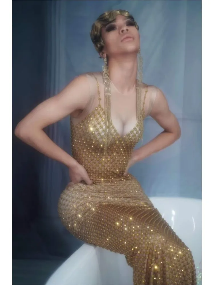 

Золотистое вечернее облегающее платье стразы, женское сексуальное платье без рукавов, стрейчевое вечернее длинное платье с кристаллами для клуба, банкета, сцены певицы