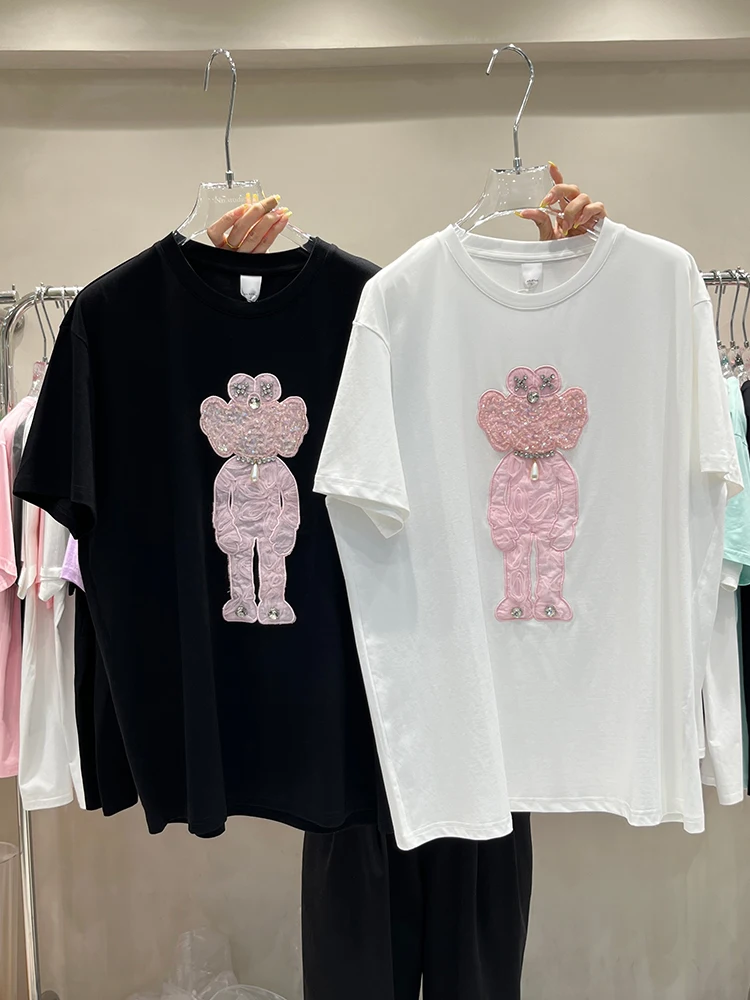 

Embroidery Cartoon Diamond White T-shirt 2022 New Summer Women Loose Short Sleeve Cotton Top All-match Casual Students Tees