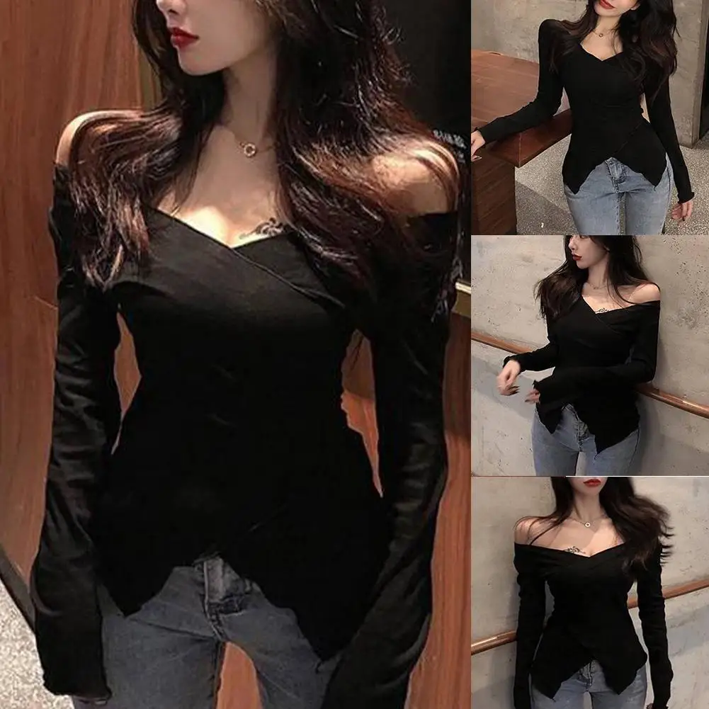 

Sexy Women Long Sleeve Bottoming Shirt Split V-neck T-shirt T-shirt 1pc New Fashion Strapless B0q0