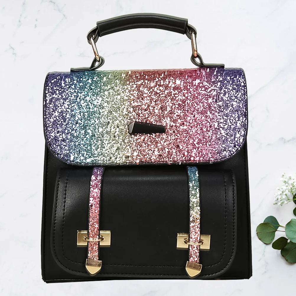 

1PC Shining Sequin Backpack PU Casual Satchel Shoulder Handbag for Lady (Black)