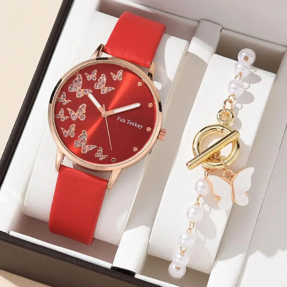 

Butterfly Watch Bracelet Set Exquisite Women's Watch Bracelet Set with Butterfly Decor Rhinestones Faux Pearls for Lady's