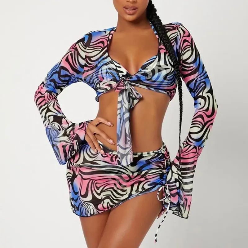 

4-Piece Bikinis Sexy Swimsuit Women Bathing Suit short beach dress Swimwear Micro Bikini Sets Long Sleeve Beachwear Sunscreen