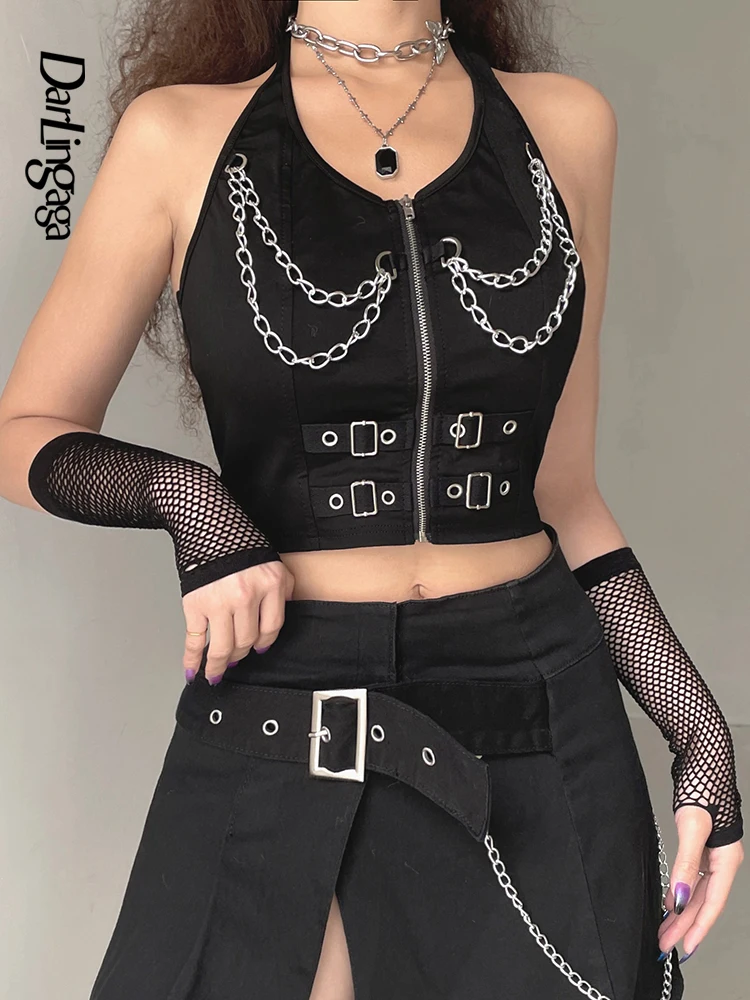 

Darlingaga Streetwear Punk Style Zipper Halter Neck Tank Top Buckle Chain Mall Gothic Summer Crop Top Female Backless Party Dark