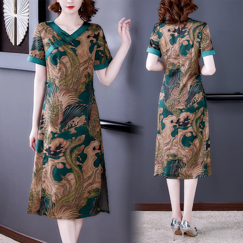 

Summer 2022 New high quality Chinese style printed short-sleeved mid-length Cheongsam silk dress