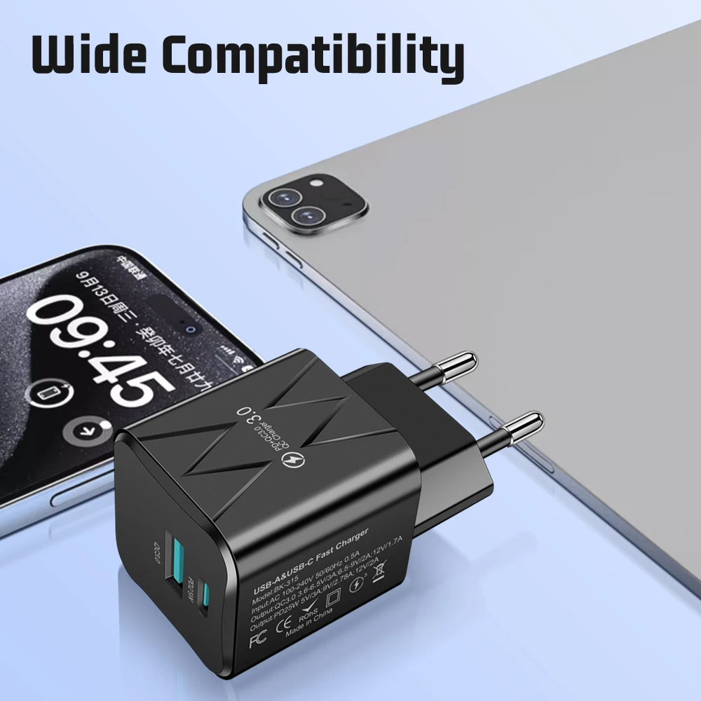 Сетевое зарядное устройство с 2 USB-портами и поддержкой быстрой зарядки, 45 Вт
