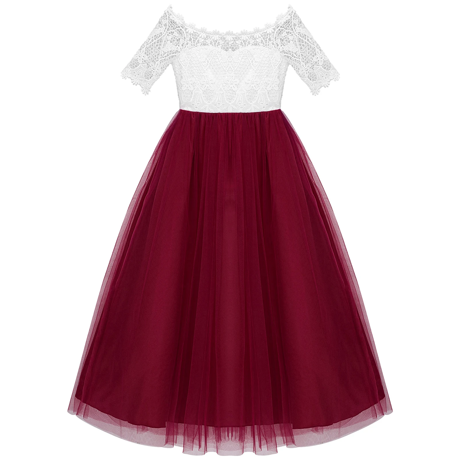 

Kids Girls Elegant Gown Dress off Shoulder Applique Lace Bodice Fluffy Tulle Hem Dress for Party Evening
