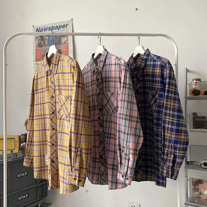 Japanese Shirt Men 2022 High Quality Clothing Streetwear Lapel Long Sleeve Casual Plaid Top Harajuku Plaid Retro Blouse Male