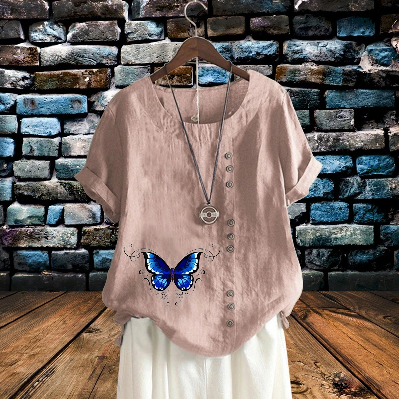 

Blue Butterfly Pattern Casual T Shirt for Women Lady Pullover Women's Clothing Round Neck Loose Linen Short Sleeve Top Pullover