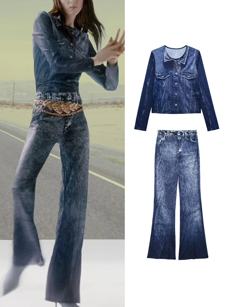 

TRAF Vintage 2023 Solid Slim Blouse Pants Sets Spring Summer Casual Single Breasted Long Sleeve Shirt Zipper Flare Pants Outwear