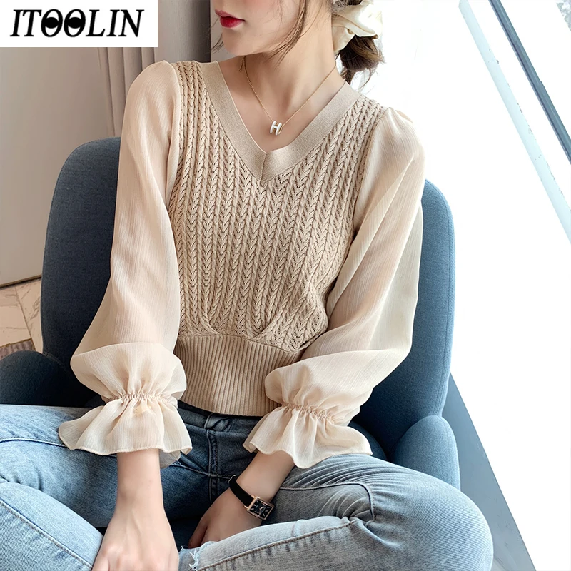 

Женские весенние шифоновые блузки ITOOLIN, эластичные трикотажные топы с баской и длинным рукавом-фонариком, женская блузка, новинка 2022