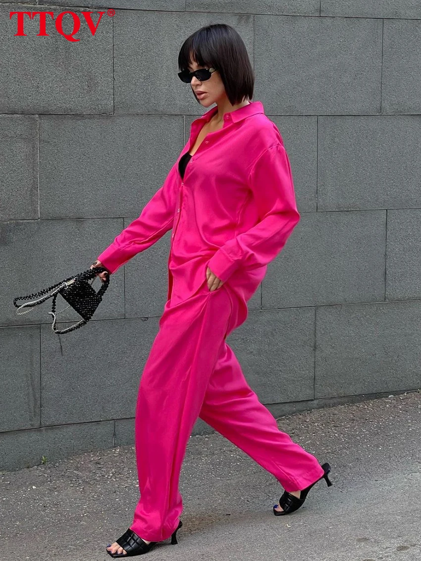 

TTQV Elegant Loose Pink Two Piece Sets Womens Outifits Autumn Lapel Long Sleeve Shirts And High Waisted Trousers Female Sets