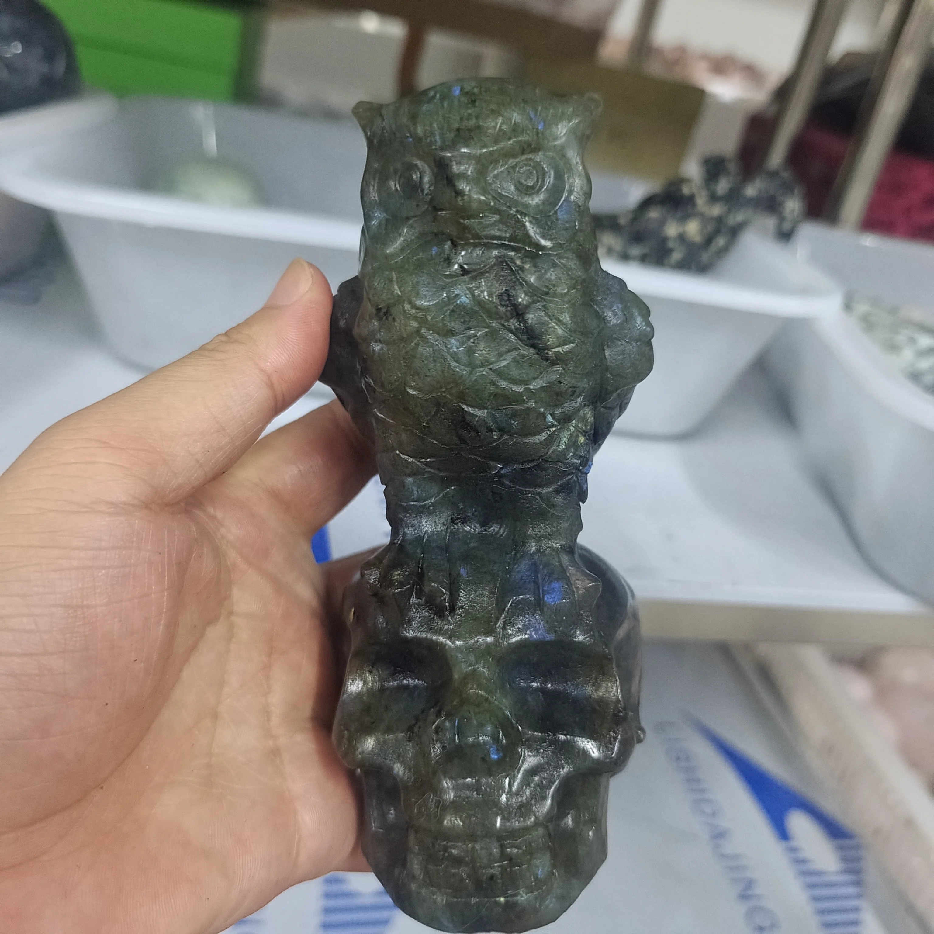 Натуральный Лабрадор Сова череп резной минеральный скульптурный