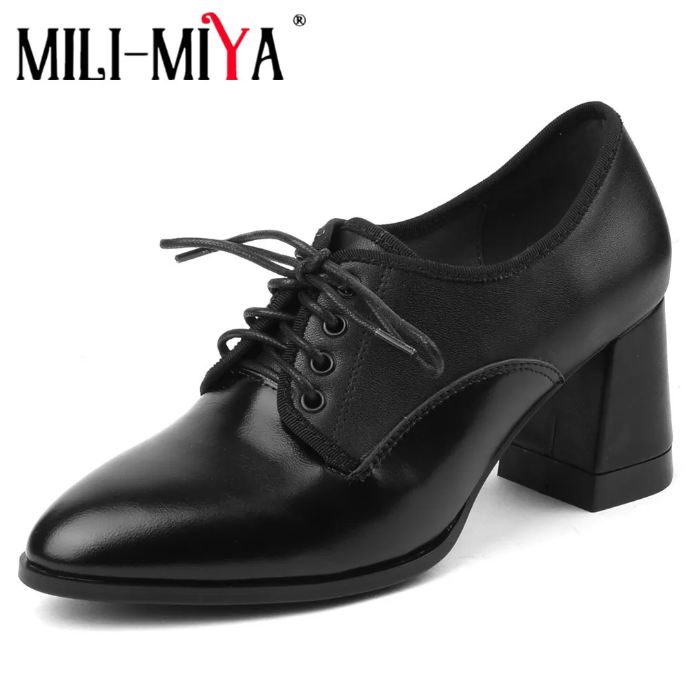 

MILI-MIYA Fashion Mixed Color Women Full Genuine Leather Pumps Lace Up Round Toe Thick Heels Plus Size 34-42 Spring Autumn Shoes