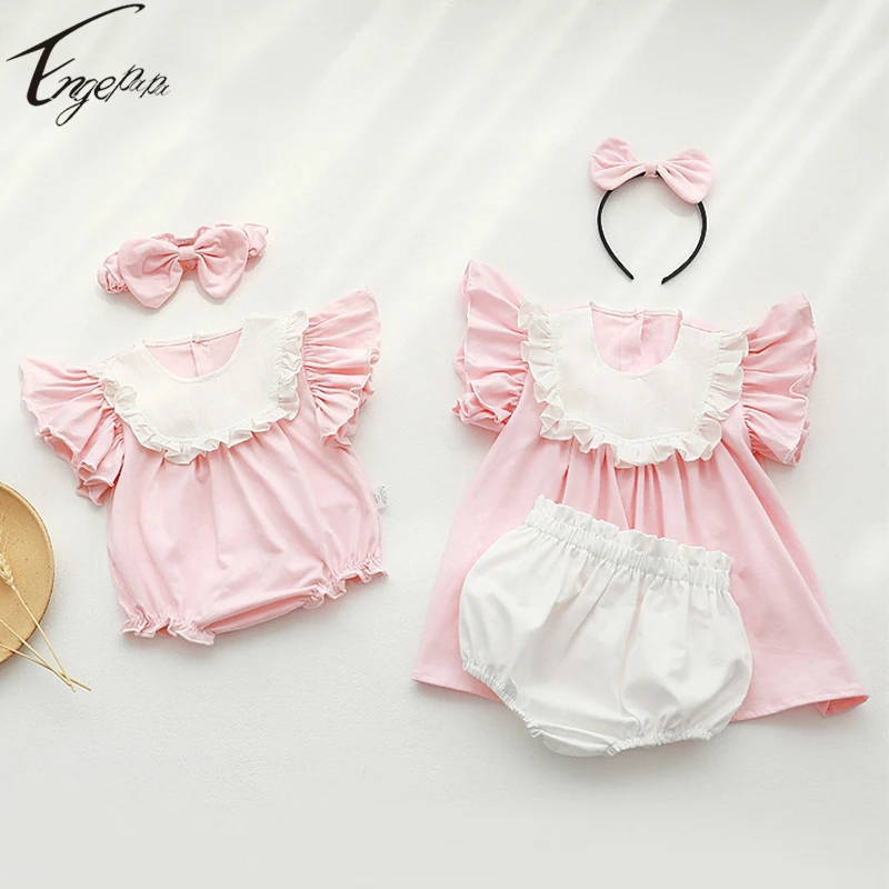 

Summer Baby Girls Flying Sleeveless Rompers Kids Girls Dress+Bread Pants+Hair Band 3pcs Princess Girls Sweet Dress Clothes