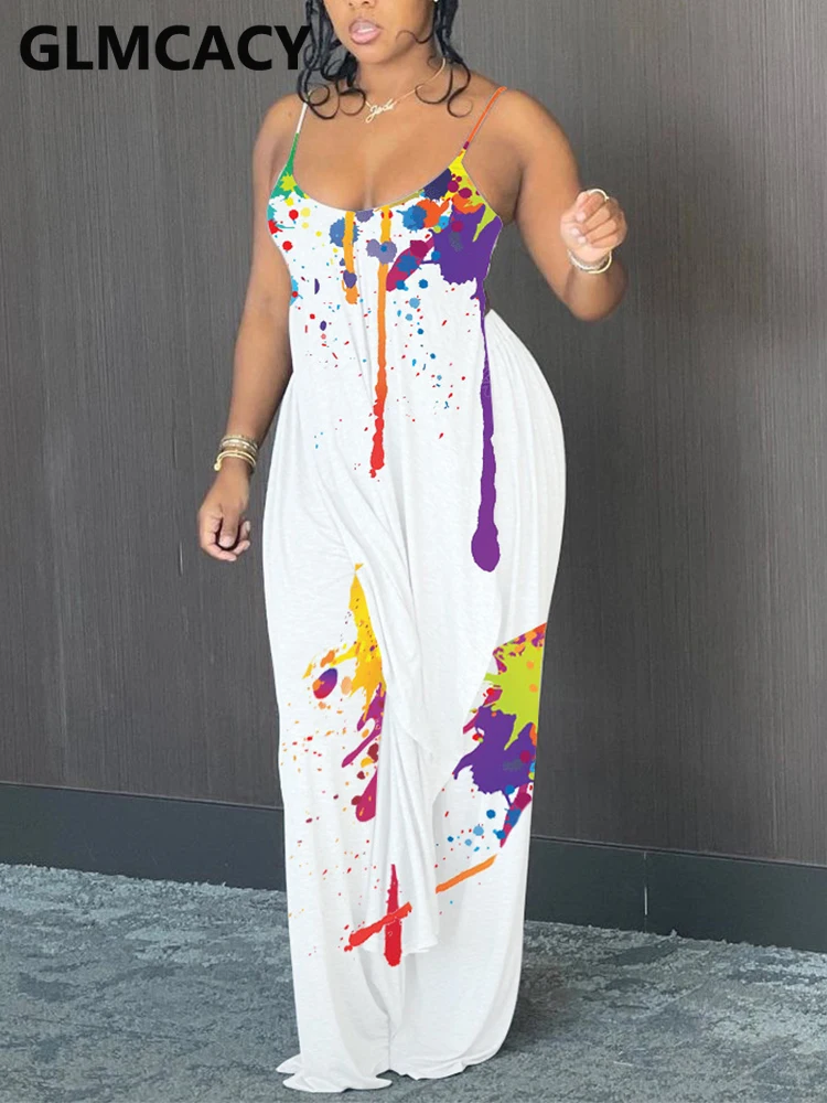 

Women Spaghetti Strap Pigment Printed Casual Loose Jumpsuit