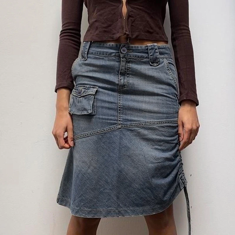 

Summer Slim Fashion Sexy Club Gothic High Waist Shirring Casual Vintage Knee-length A-line Skirt Women Girl Cargo Denim Skirts