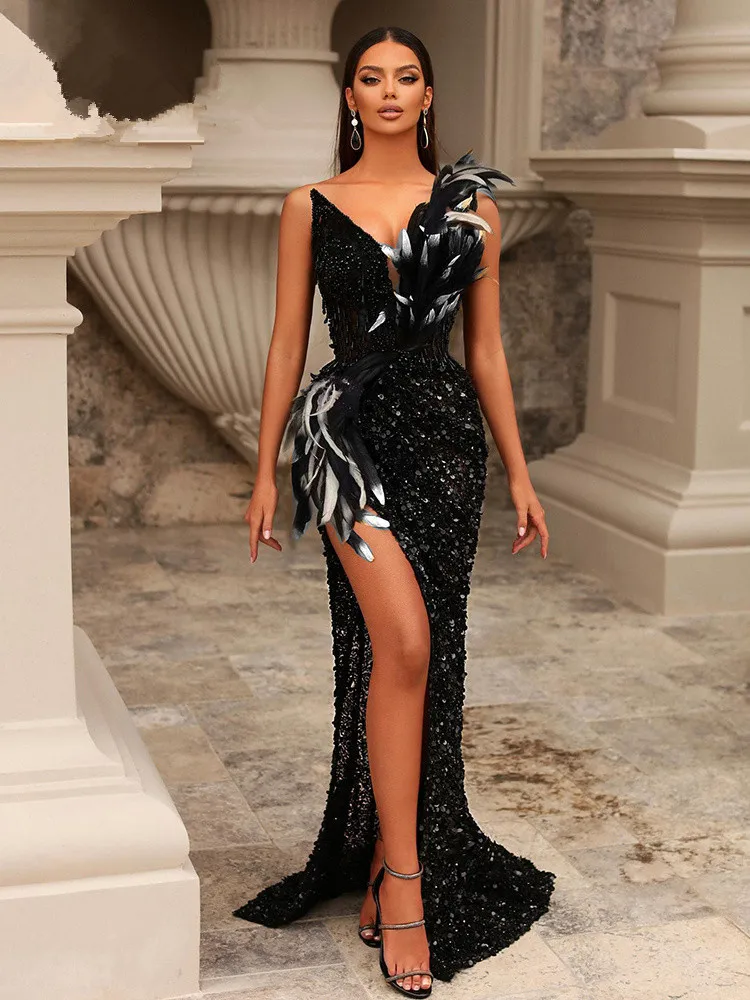 Women Luxury Prom Gowns Sexy Strapless Feathers Sequined Open Leg Maxi Long Dress Celebrity Evening Club Party Birthday Dresses