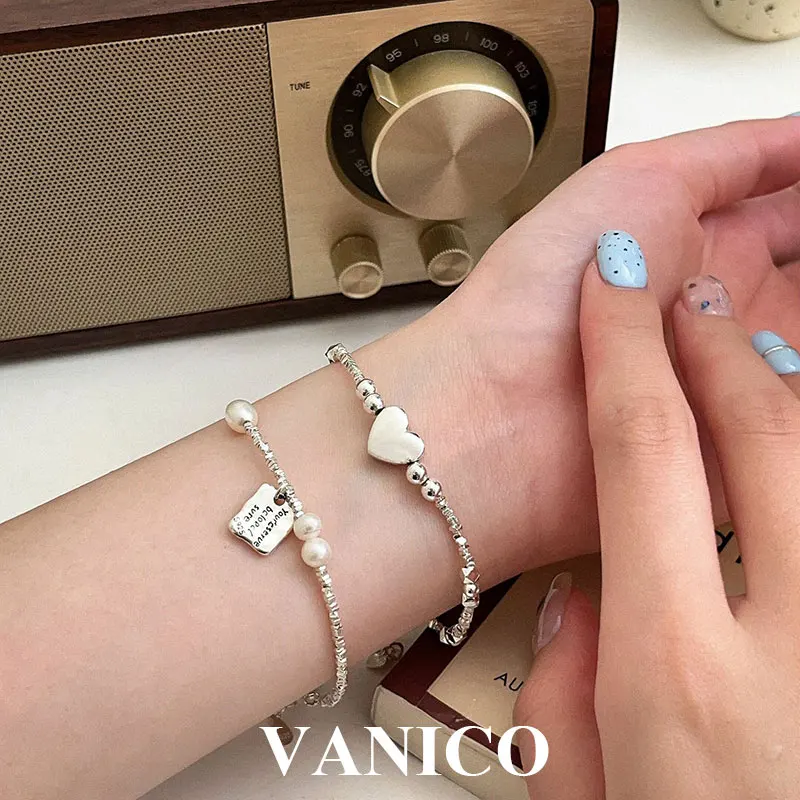 

Irregular Beads Bracelet 925 Solid Sterling Silver Dainty Freshwater Pearl Beaded Chain Rectangle Charm Bracelet Jewelry Gift