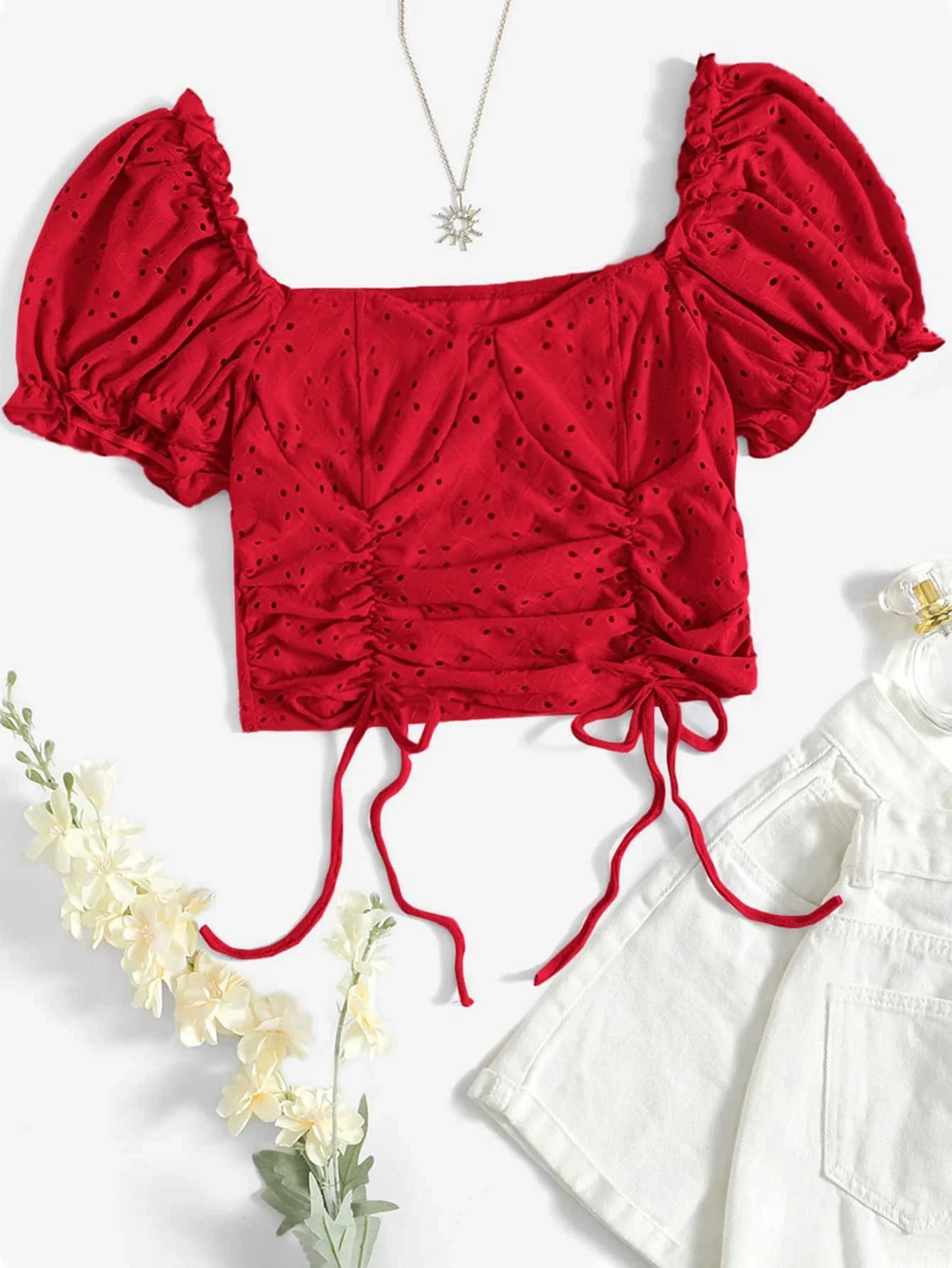 

Puff Sleeve Frill Detail Drawstring Ruched Crop Top