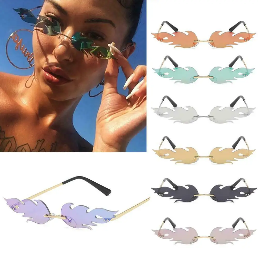 

Fashion Fire Flame Sunglasses Women Men Rimless Wave Sun Glasses UV 400 Eyewear Luxury Trending Narrow Sunglasses Streetwear