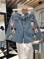 kawaii cartoon pattern printed all matching jeans shorts women fashion button denim short pants 2022 summer new women clothing