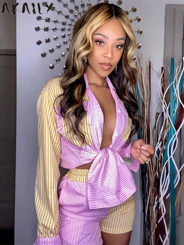 

Akaily Summer Striped Print Patchwork 2 Two Piece Sets Womens Outfits 2022 Long Sleeve Bandage Shirts And Short Sets Female