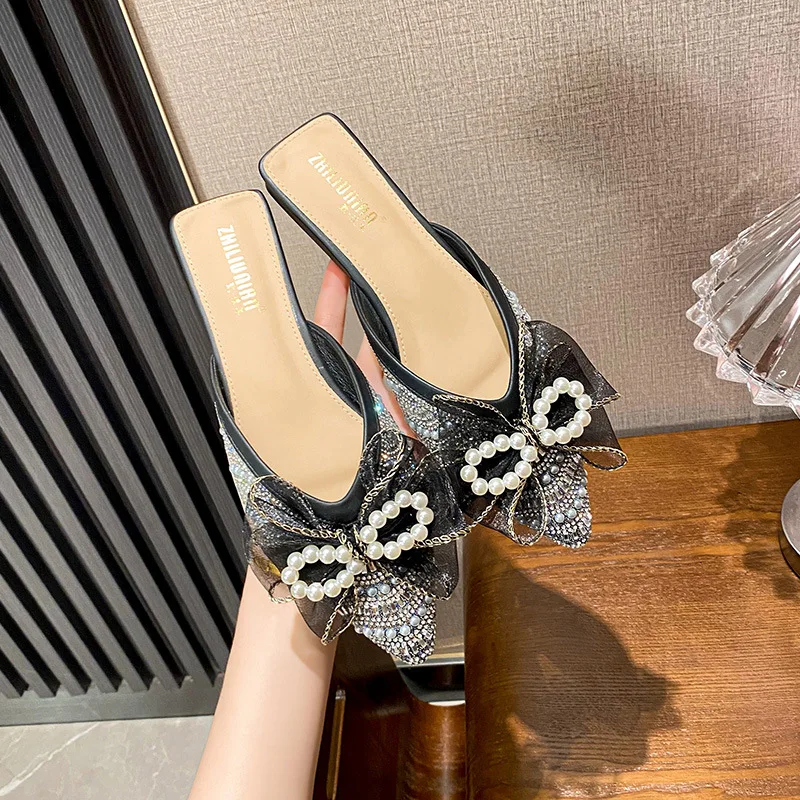 Pearl Water Diamond Women's Slippers Summer Flip Flops Women New Bow Flat Sandals Mules Shoes Large Women's Shoes